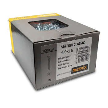 Wkręty Matrix Classic 4x16 1000szt.ocynk biały, pełny gwint, do drewna PZ2